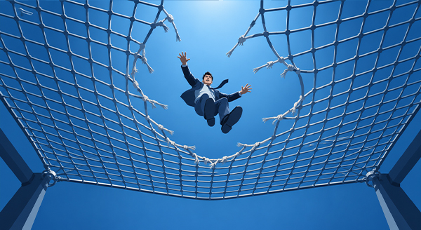 A businessman falling through a torn safety net, illustrating that cyber insurance alone won't catch a business after a cyberattack
