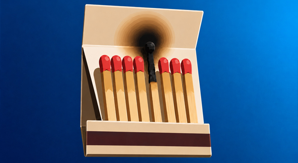 A box of matches with one burnt match, representing a close call that almost went wrong